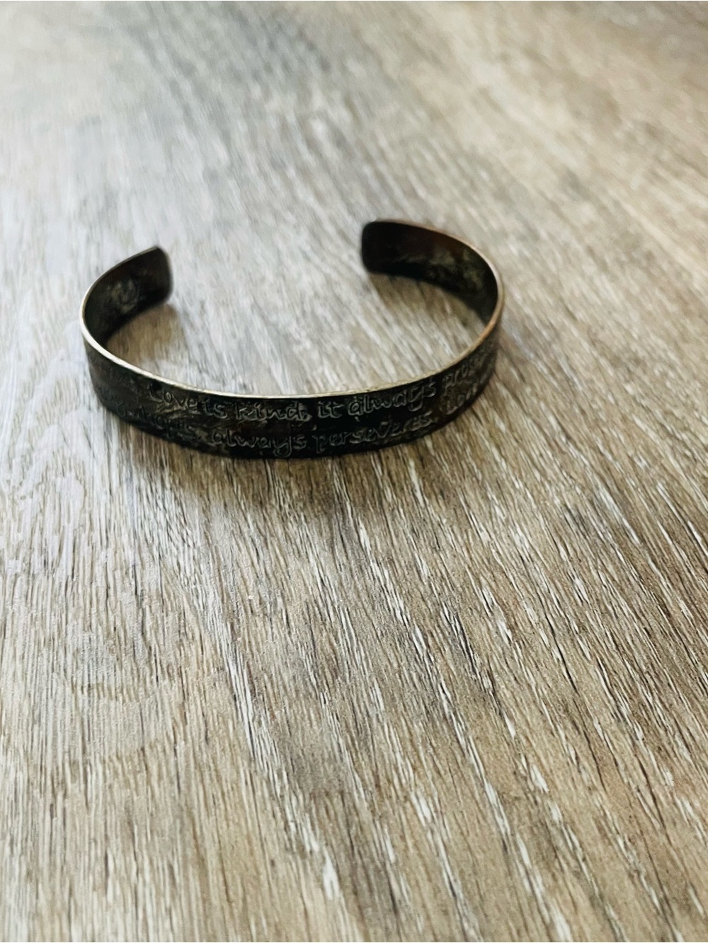 Love is patient, Love is kind… Open Cuff Bracelet - Distressed Black Finish